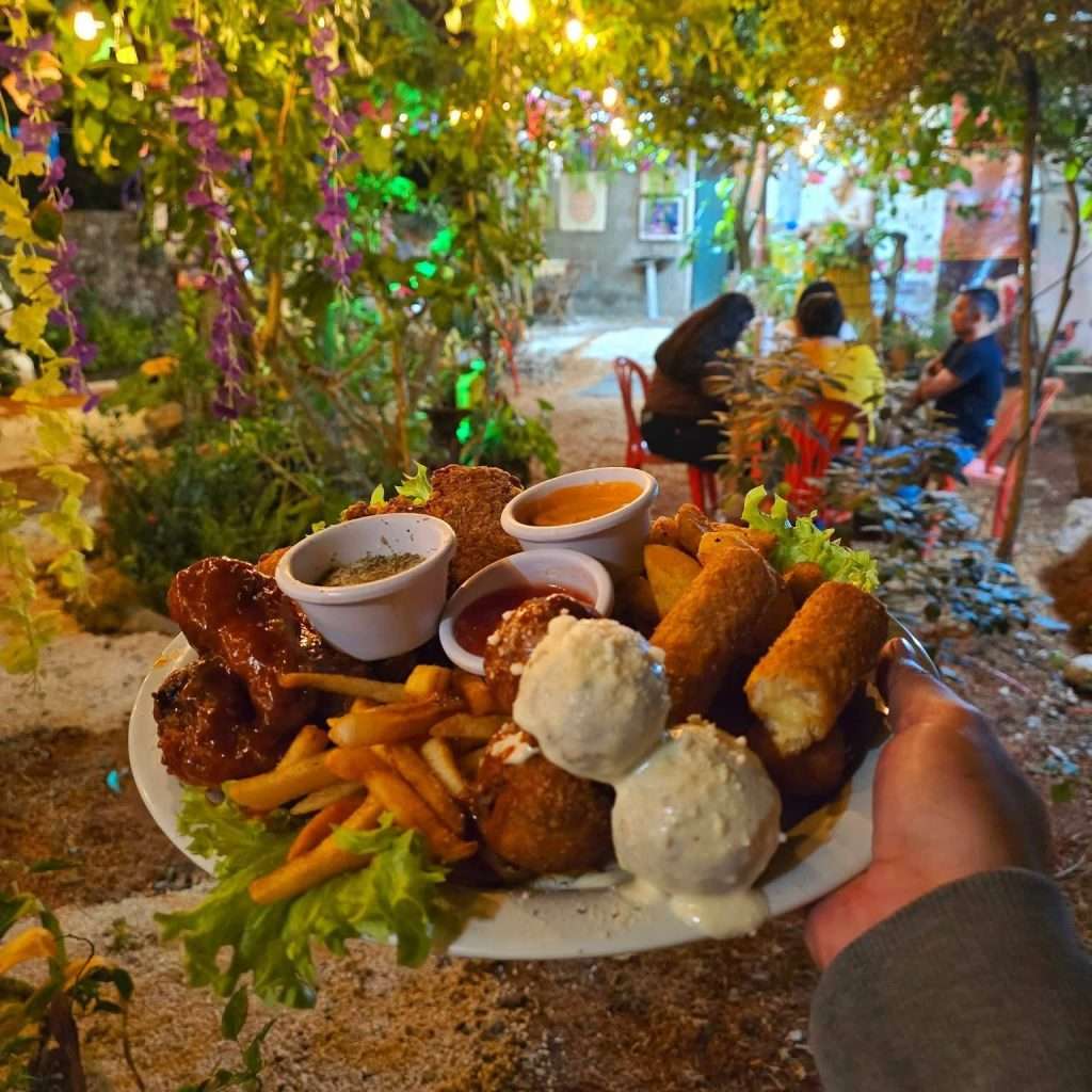 Plato de variedad de comida y salsas en Jardín